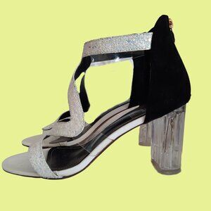 Y2K White Glitter Sparkly Clear Heels Sandals US Sz 8 Ankle Strap Party Cocktail